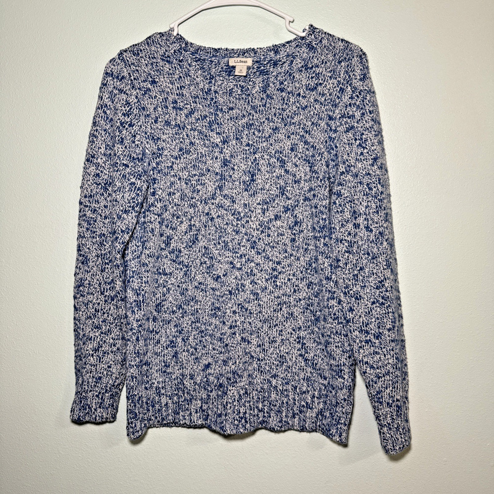 L.L. Bean‎ Women's Marled Blue White Sweater M Chunky Knit Crew Pullover